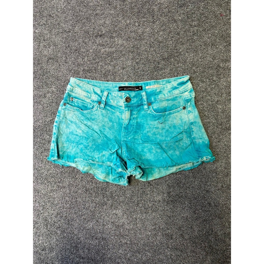 Lovesick Shorts Womens Size 3 Turquoise Acid Wash Low Rise Frayed Hem Denim
